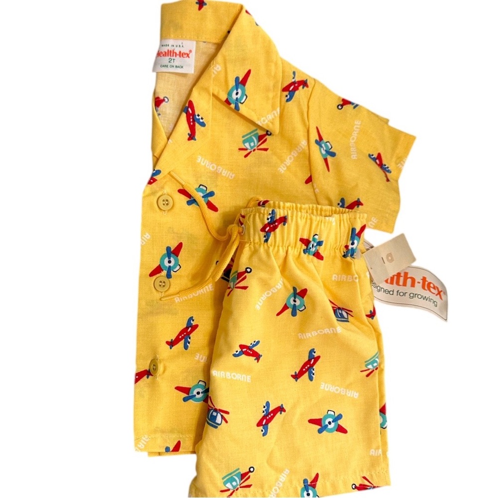 NEW Vintage Healthtex Toddler Yellow Airplane Outfit Set Button Down & Shorts - Picture 6 of 16